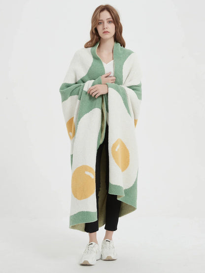 Manta DecorBites™ con diseño de huevo escalfado: manta de punto acogedora con estampado kawaii de huevo frito para sala de estar y dormitorio