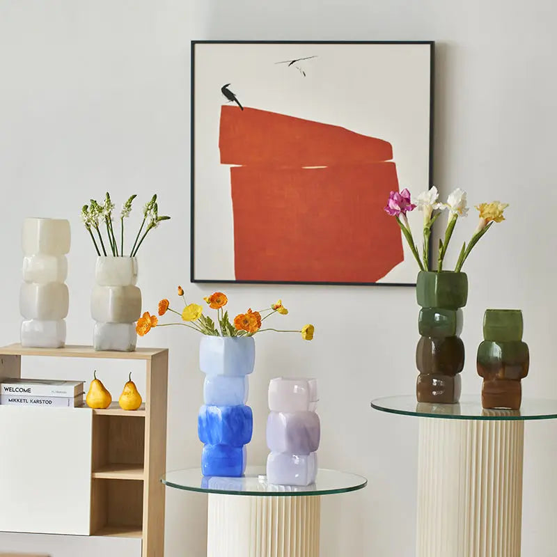 طاولة مزهرية مربعة هندسية من DecorBites™، ديكور زجاجي ناعم لطاولة تلفزيون الفندق