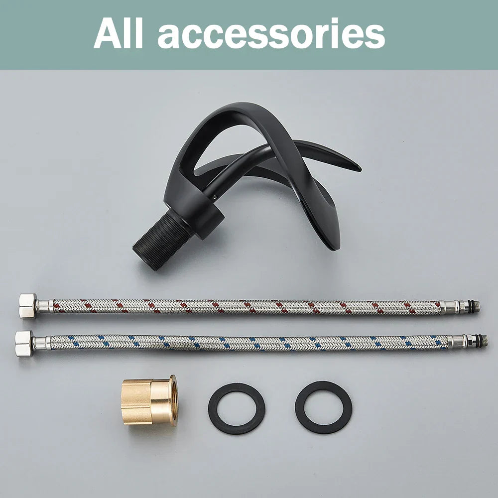 صنبور حوض ديكوربايتس™ أسود اللون، خلاط شلال رمادي، ساخن وبارد، حديث من النحاس، مثبت على السطح