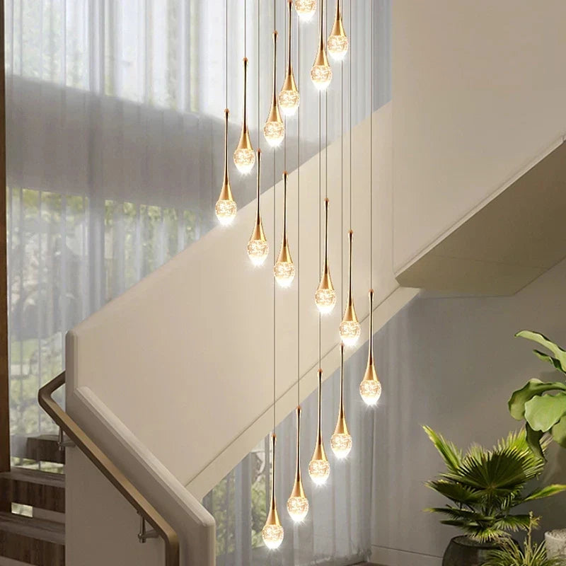 Lámparas de araña LED de cristal DecorBites™: Luces colgantes de lujo para escaleras largas, ideales para el vestíbulo de la sala de estar.