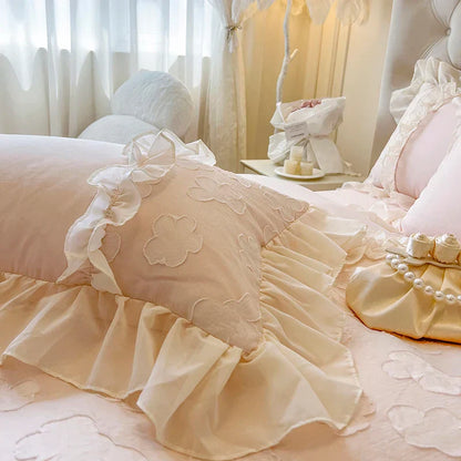 Decobites Princess Flowers Lace Ruffles Bedding Set: 100% Cotton Duvet Cover, Fitted Sheet, Bed Sheet, Pillowcases