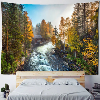 Fog Forest Sunlight Tapestry: Decobites Natural Scenery Aesthetic Wall Hanging