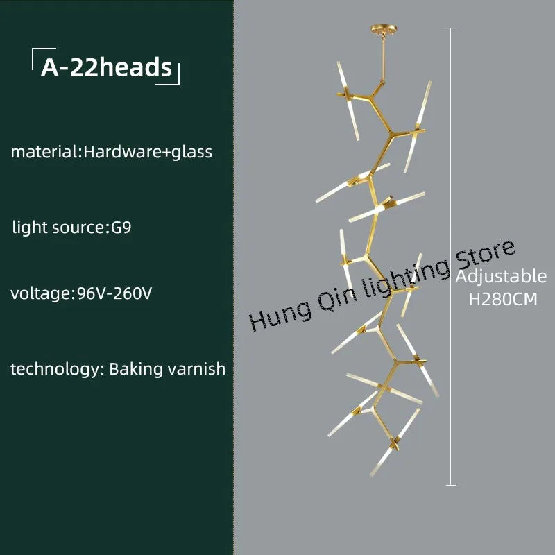 DecorBites™ Gold Branch LED Chandelier for Duplex Villa Staircase - Modern Indoor Lighting