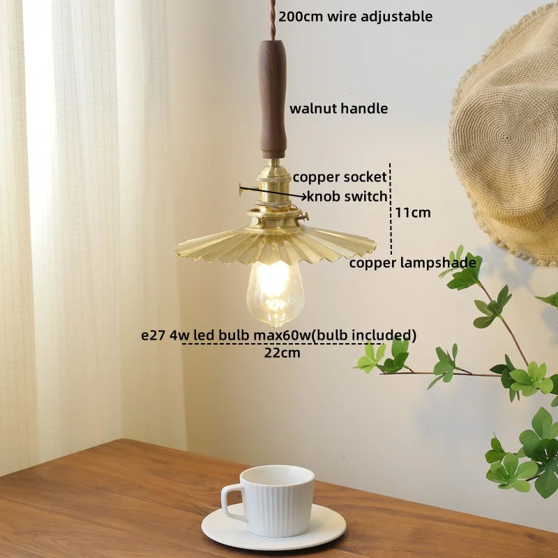 DecorBites™ Amber Glass LED Pendant Light with Walnut Handle for Dining Living Room