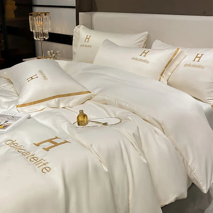 Decobites Silk Bedding Set: Washed Ice-Cream Satin Four-Piece, Skin-Friendly & Breathable Sheets