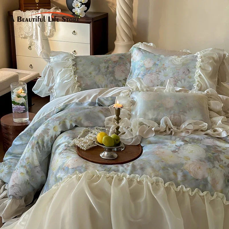 Decobites Vintage Flowers Lace Ruffles 800TC Eucalyptus Bedding Set