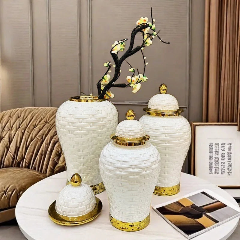 DecorBites™ Golden Flower Vase Ceramic Checkmate Jar Weave Pattern Home Decoration Accessories
