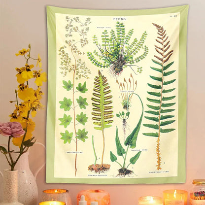 Decobites Ferns Tapestry: Botanical Floral Illustration Chart Wall Art - Boho Decor