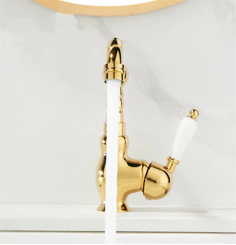 Grifo de Lavabo de Palangana de Oro Decorbites™ Manija Única Grifo Mezclador de Agua Caliente y Fría