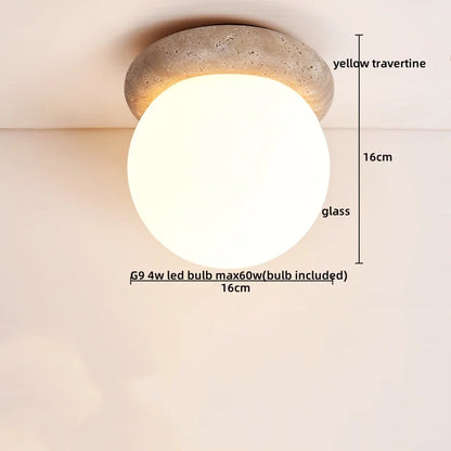 DecorBites™ Japan Style LED Ceiling Light Yellow Travertine Stone Wood Base Bedroom Luminaire.