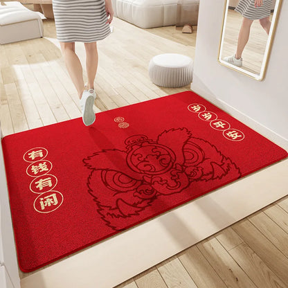 Decobites Red Tech Velvet Entrance Doormat: New Chinese Style, Anti-slip, Wear-resistant & Easy To Clean