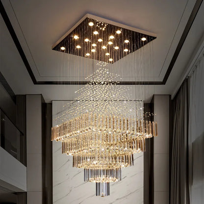 DecorBites™ Crystal Ceiling Chandelier: Modern Columnar Square Base Hanging Lamp for Living Room & Staircase