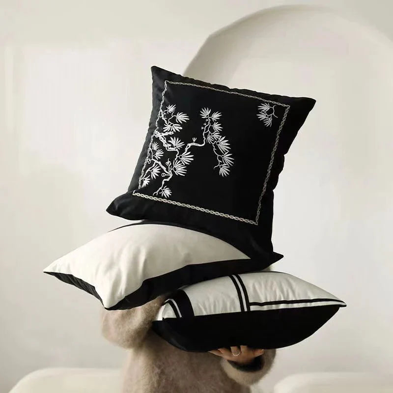 DecorBites™ Embroidered Black White Minimalist Cushion Cover Light Luxury Home Decor Pillow