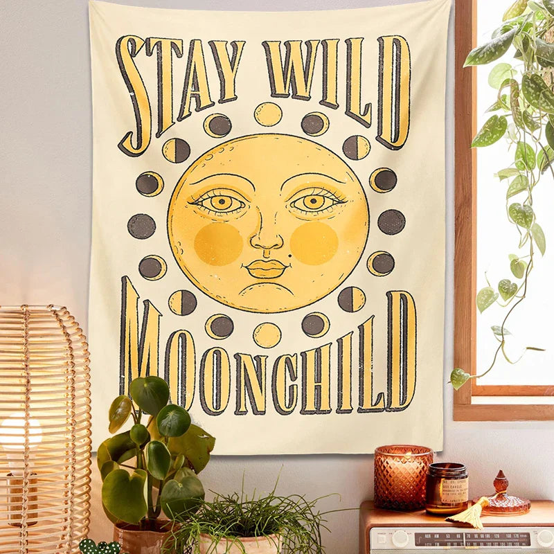 Decobites Moon Phase Wall Hanging: Boho Sun Moon Room Decor Mural