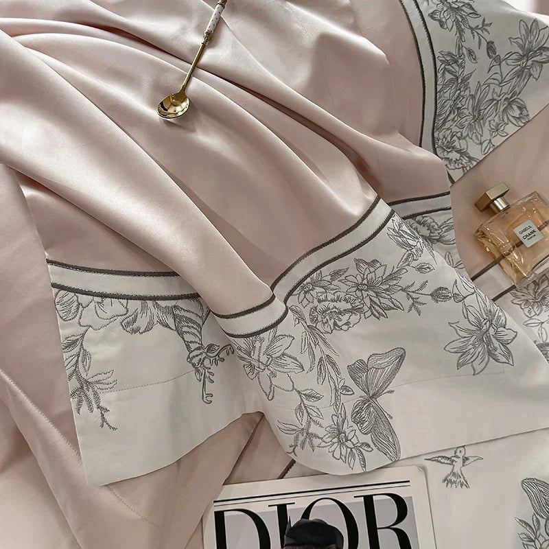 Juego de cama DecorBites™ Luxe con bordado de mariposas y flores, incluye funda nórdica, sábana y fundas de almohada (4 piezas).