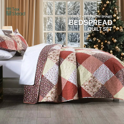 Decobites Multicolour Floral Patchwork Print Bedspread Set with Two Pillow Shams