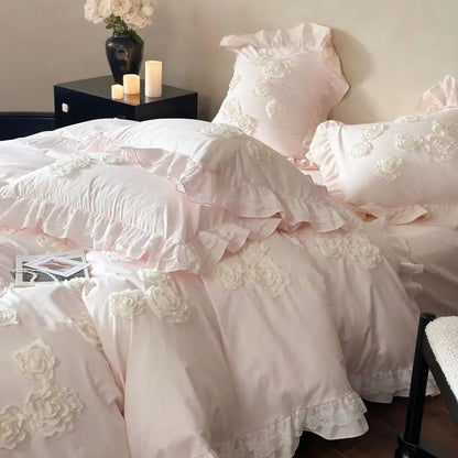 Decobites Pink Flowers Ruffles Princess Wedding Bedding Set - Soft Washed Cotton