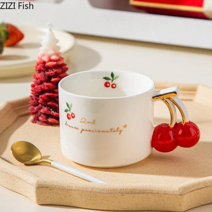 DecorBites™ Cherry Pattern Porcelain Coffee Mug, Gilded Edge Teacup for Afternoon Tea & Juice