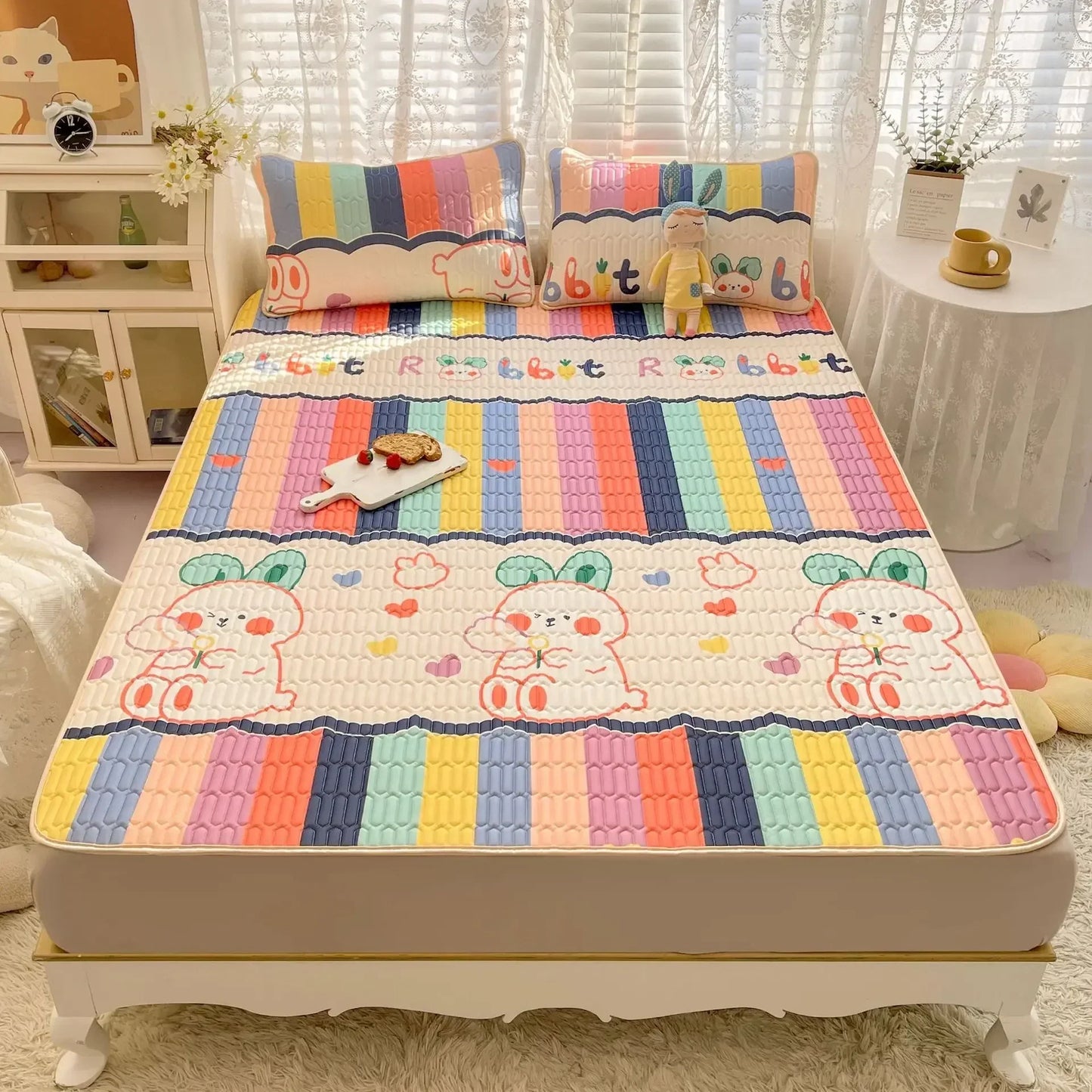 DecorBites™ Cartoon Print Silky Mattress Set: 4-Layer Quilted Breathable Cushion