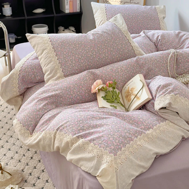 Decobites Lavender Lace Bedding Set: Single Queen Size Duvet, Sheet, Pillowcases