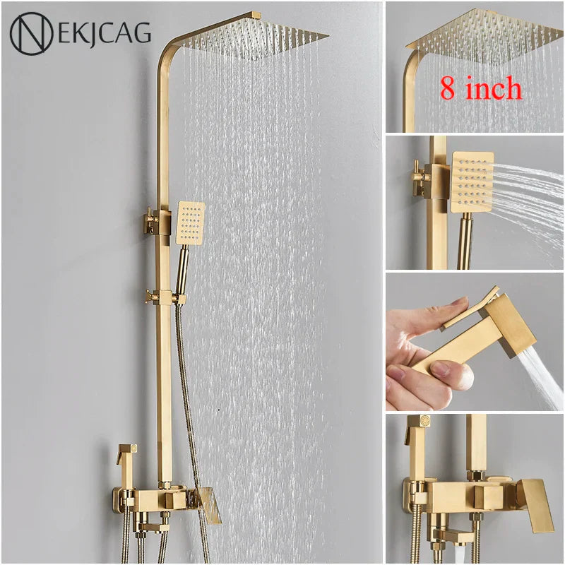 DecorBites™ Brushed Gold Shower Faucet Set: Adjustable Height 4-Function Mixer Bathtub Tap