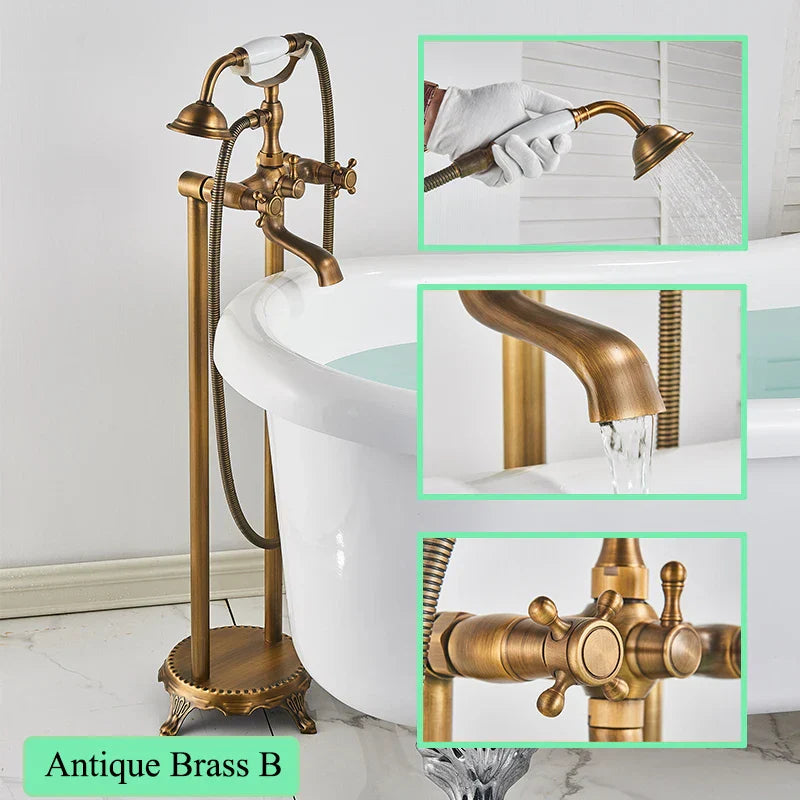 DecorBites™ Brass Freestanding Bathtub Filler with Handshower, Dual Handles & Shower Set