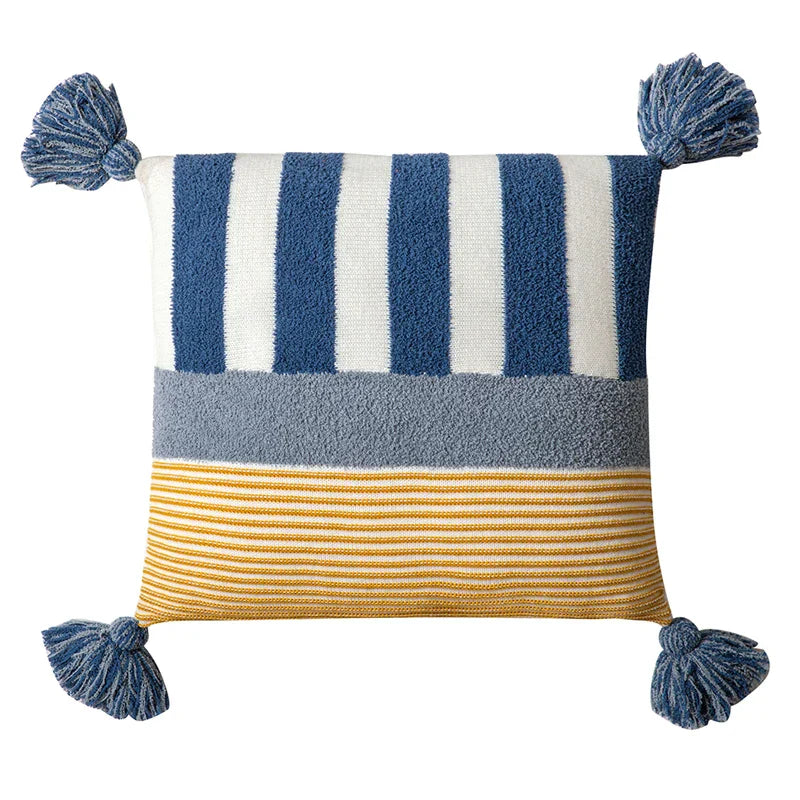 DecorBites™ Knit Stripe Cushion Cover 45x45cm with Blue Pink Tassels for Home Decor