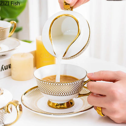 DecorBites™ Gold Ceramic Tea Set for Dining Table, Coffee Mug, Teapot, Afternoon Tea & Beverage Container