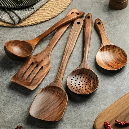 DecorBites™ Juego de 5 cucharas de cocina de madera de teca - Utensilios de cocina naturales
