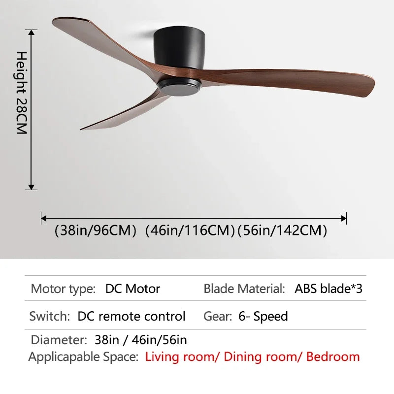 مروحة سقف ديكوربايتس™ سوداء حديثة منخفضة الارتفاع تعمل بالتيار المستمر مع جهاز تحكم عن بعد، تدفق هواء قوي