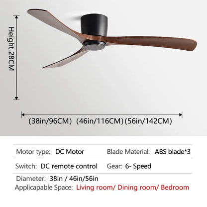 مروحة سقف ديكوربايتس™ سوداء حديثة منخفضة الارتفاع تعمل بالتيار المستمر مع جهاز تحكم عن بعد، تدفق هواء قوي