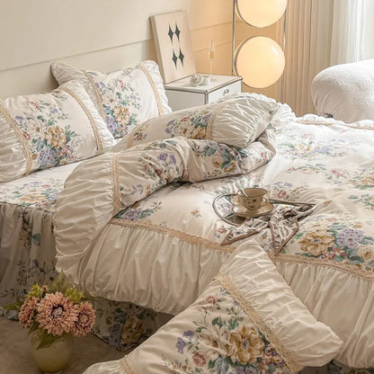 Decobites French Pastoral Princess Lace Bedding Set with Ruffles, 100% Cotton, Queen King