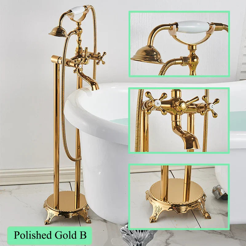 DecorBites™ Brass Freestanding Bathtub Filler with Handshower, Dual Handles & Shower Set