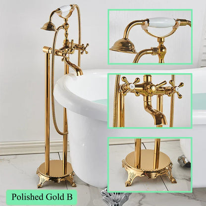 DecorBites™ Brass Freestanding Bathtub Filler with Handshower, Dual Handles & Shower Set