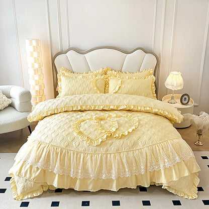 Decobites Korean Princess Style Bedding Set with Lace Ruffles and Love Theme