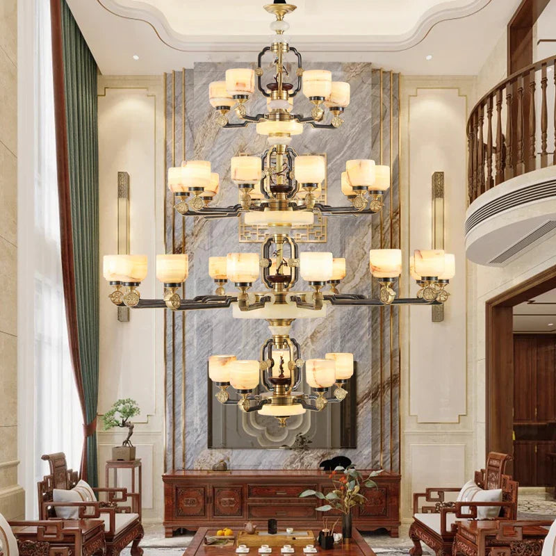 DecorBites™ All Copper Jade Chandelier for Living Room, Villa Duplex Multi-storey Lighting