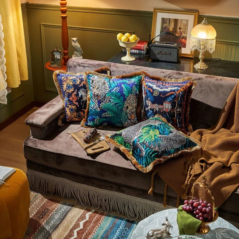 DecorBites™ Jungle Animal Collection Cushion Cover with Gold Tassel Fringe - Luxury Satin Pillowcase