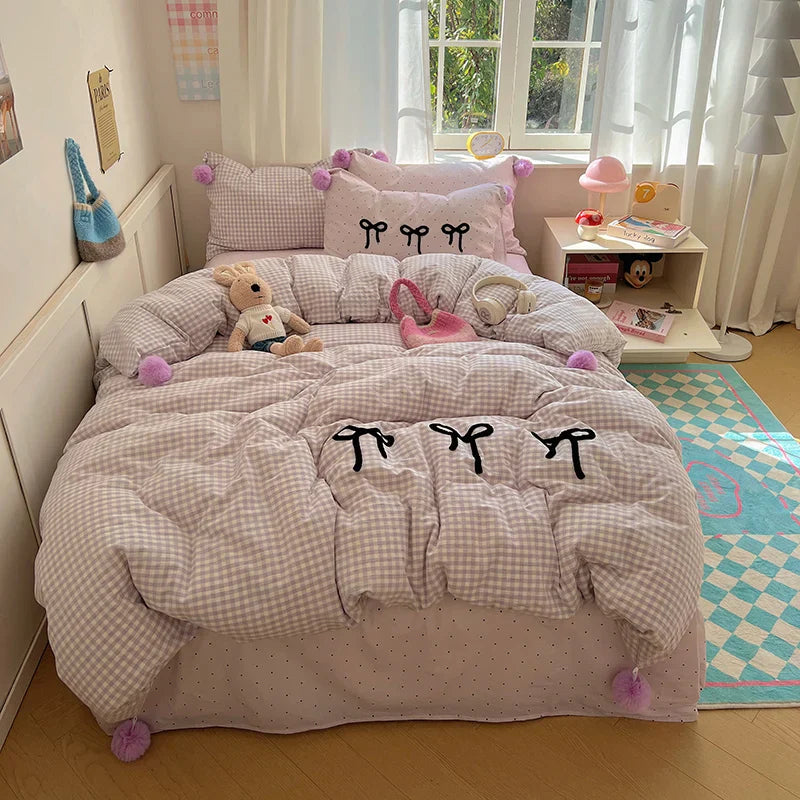 Decorbites™ Koreanische Prinzessin Bogen-Gitter Pompon-Bettwäsche-Set - Einzelbett Queen-Größe