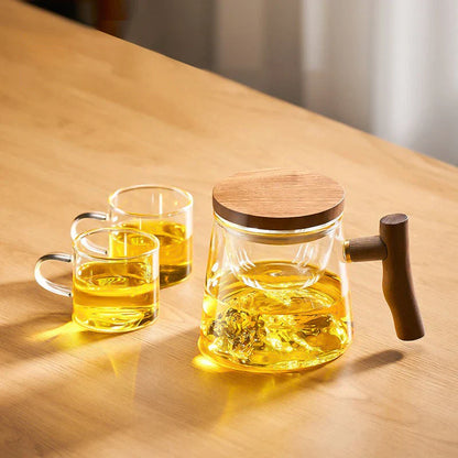DecorBites™ Glass Tea Cup Set with Wood Handle: High Quality & Heat Resistant Puer Cups