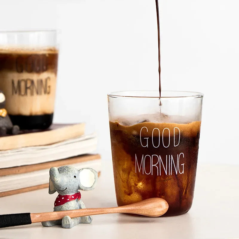 DecorBites™ Glass Breakfast Cup Gold Letter Print for Coffee Milk Juice Tea Home Office