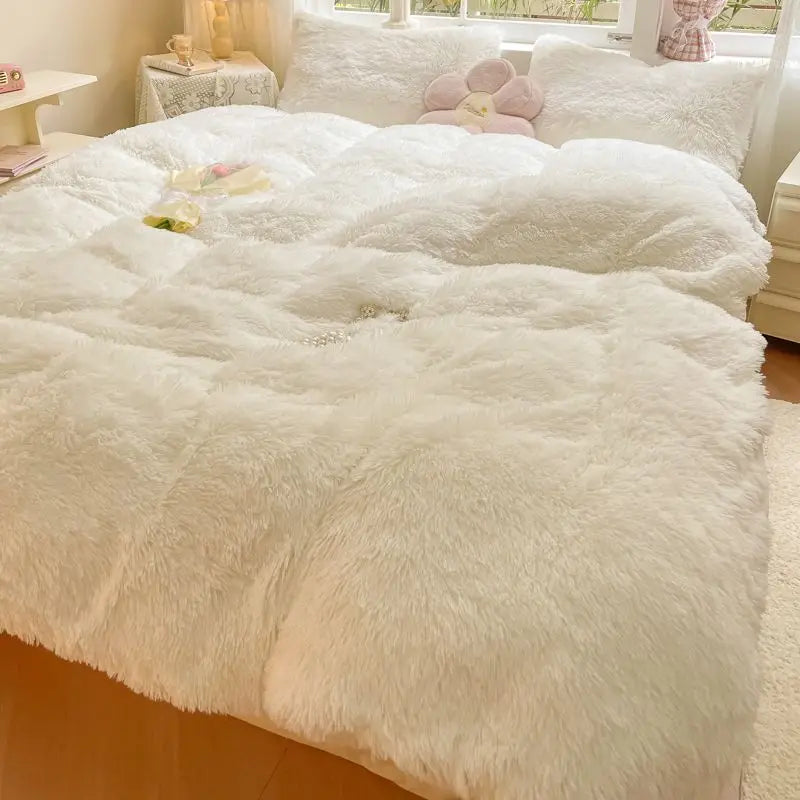 Decobites Shaggy Faux Rabbit Fur Bedding Set: Cozy Gradient Coral Fleece Quilt, Duvet Cover, Pillowcases