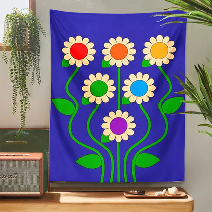 Decobites Blue Vintage Daisy Tapestry Wall Hanging Psychedelic Floral Home Decor Art