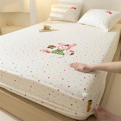 DecorBites™ Cartoon Embroidered Fitted Sheet Single Bed Cover, 100% Cotton, All Seasons, Anti-Slip