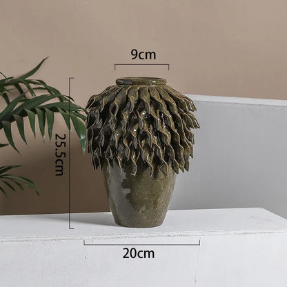 DecorBites™ Leaf Relief Ceramic Vase: Hand-made 3D Floral Arrangement Pot