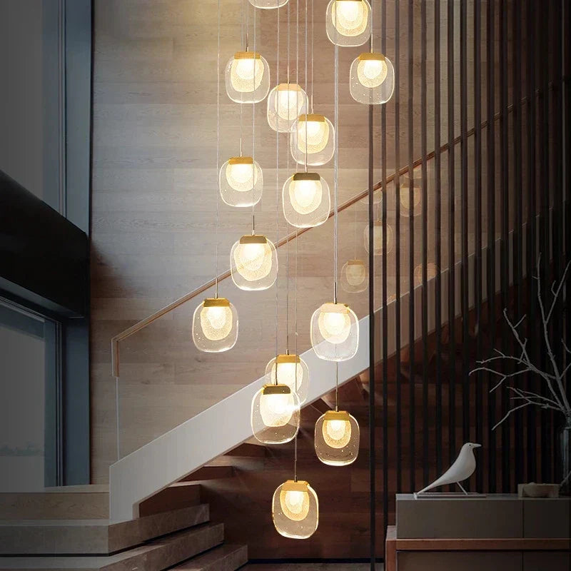 Chandelier de Escalera de Cristal Oro Decorbites™: Iluminación de Lujo Interior para Comedor y Pasillo