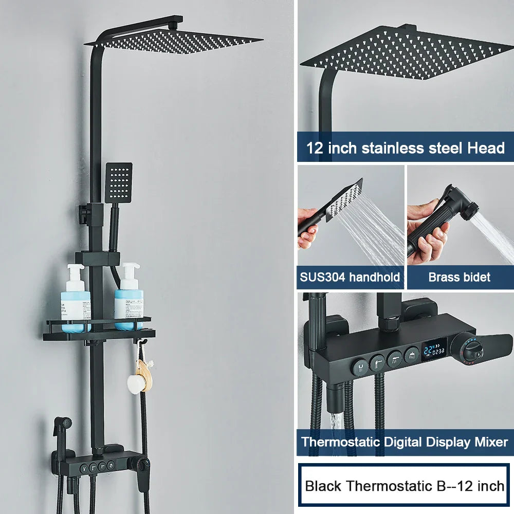 DecorBites™ Black 4-Way Digital Shower System with Rainfall Head and Bidet