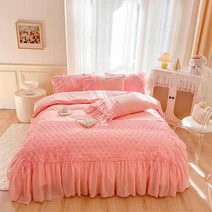 Decobites Rose Flowers Embroidery Princess Bedding Set - Pure Cotton, Lace Ruffles