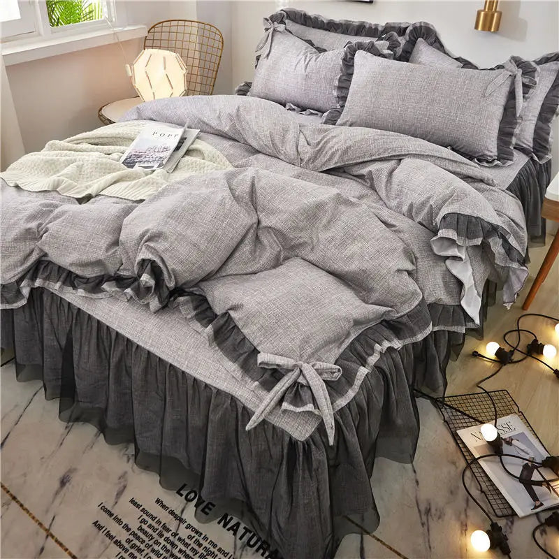 Decorbites™ Korean Bettrocken-Set mit Rüschenkanten – Einfarbig, hautfreundliches Bettwäsche-Set