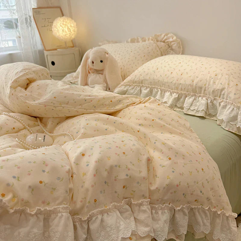 Decobites Floral Lace Ruffles Bedding Set in 100% Cotton, Korean Style, Single/Queen/King Size