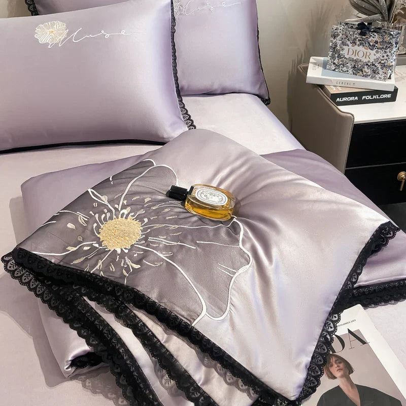 Decobites Luxe Flower Embroidered Cool Quilt Set - Lightweight, Silky, High-End Comfort